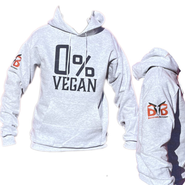 gray hoodie with zero percent vegan on front and byb logo on side in color.