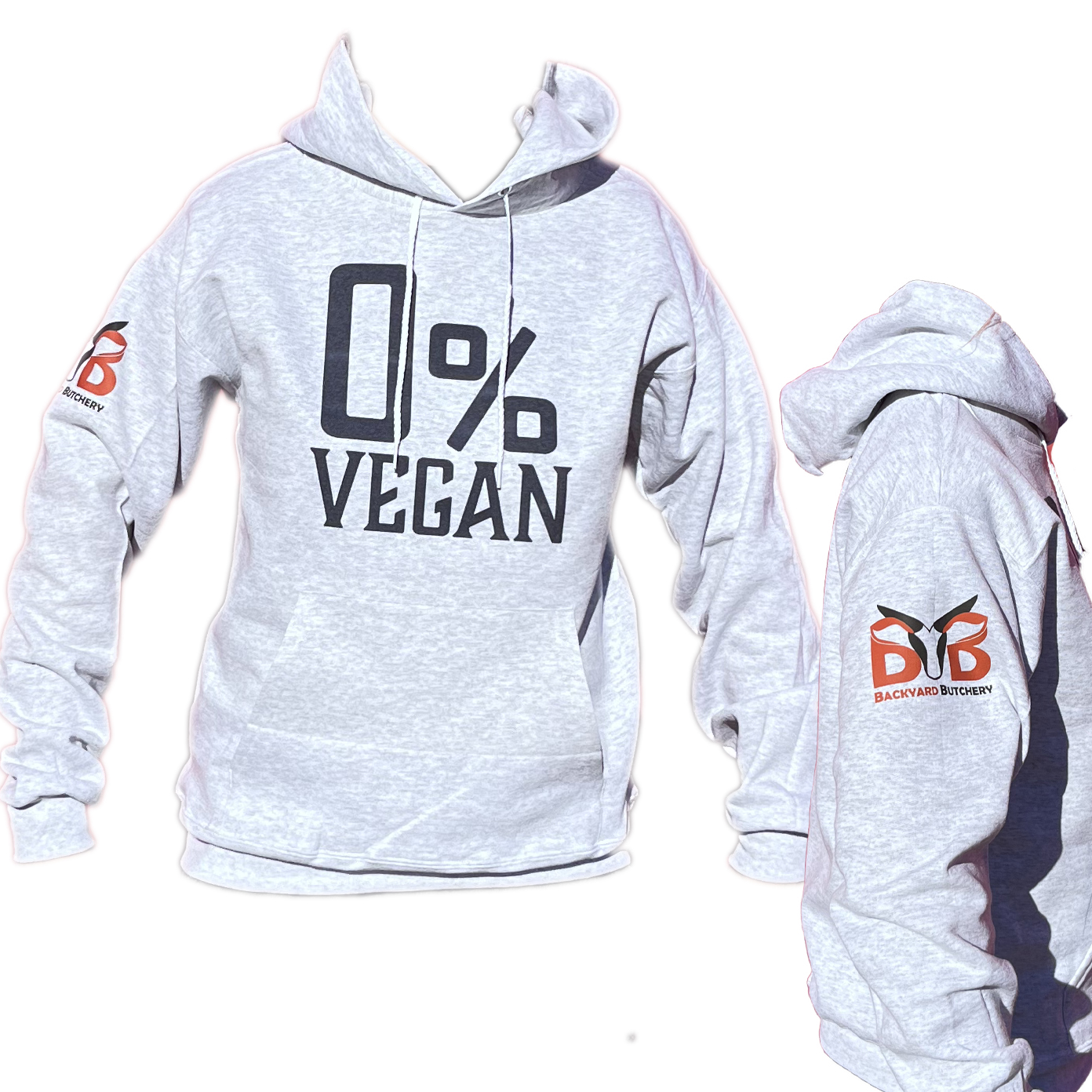 gray hoodie with zero percent vegan on front and byb logo on side in color.